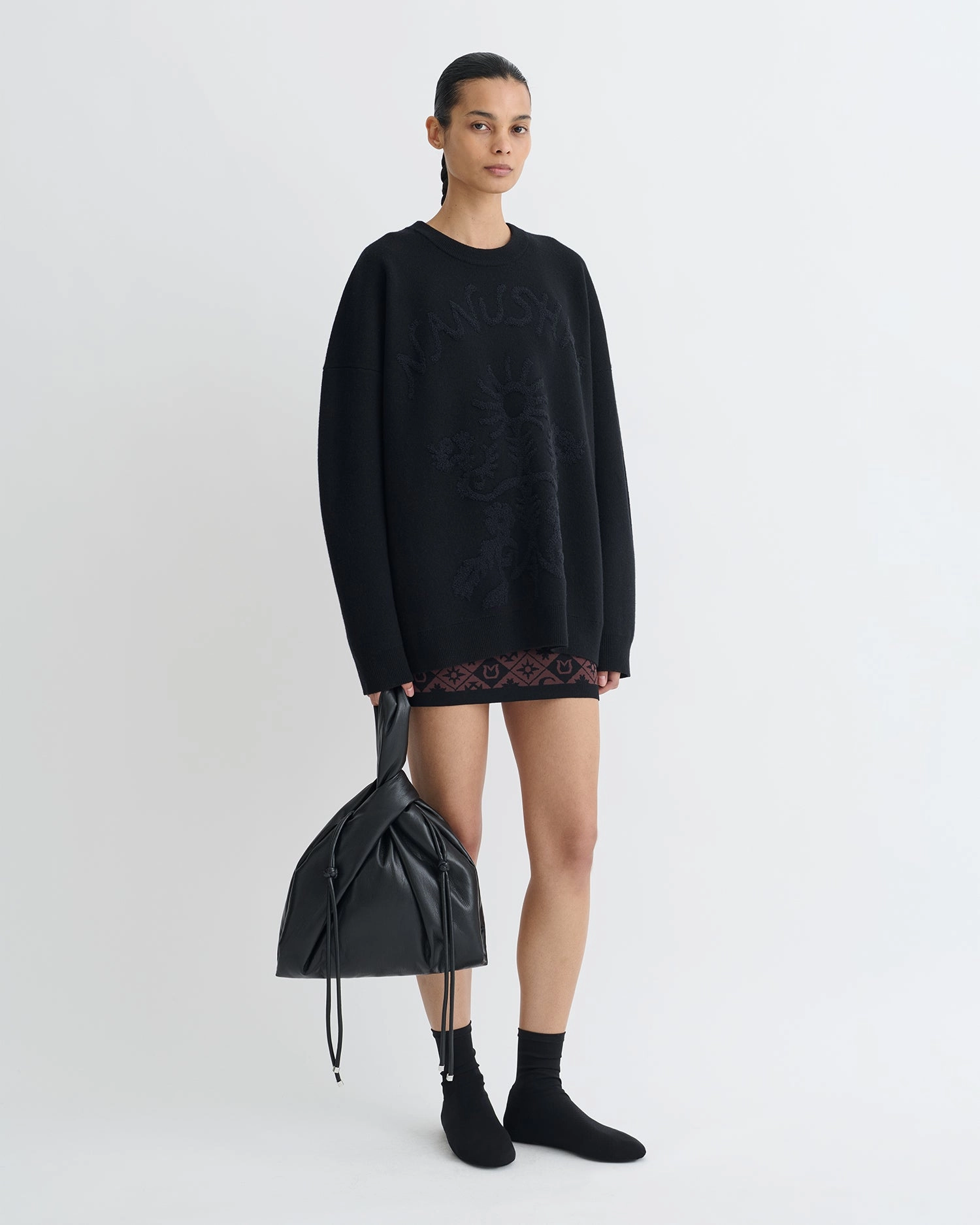 GarmentDyed Finish Odor Control Technology Oswin - Merino and Terry Jacquard Sweater - Black/Off Black Papercut