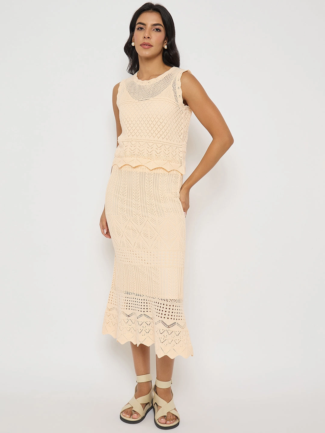 Romantic Hour Madame Shanaya Kapoor Semi Sheer Top and Skirt Peach Cotton Co-ord Set