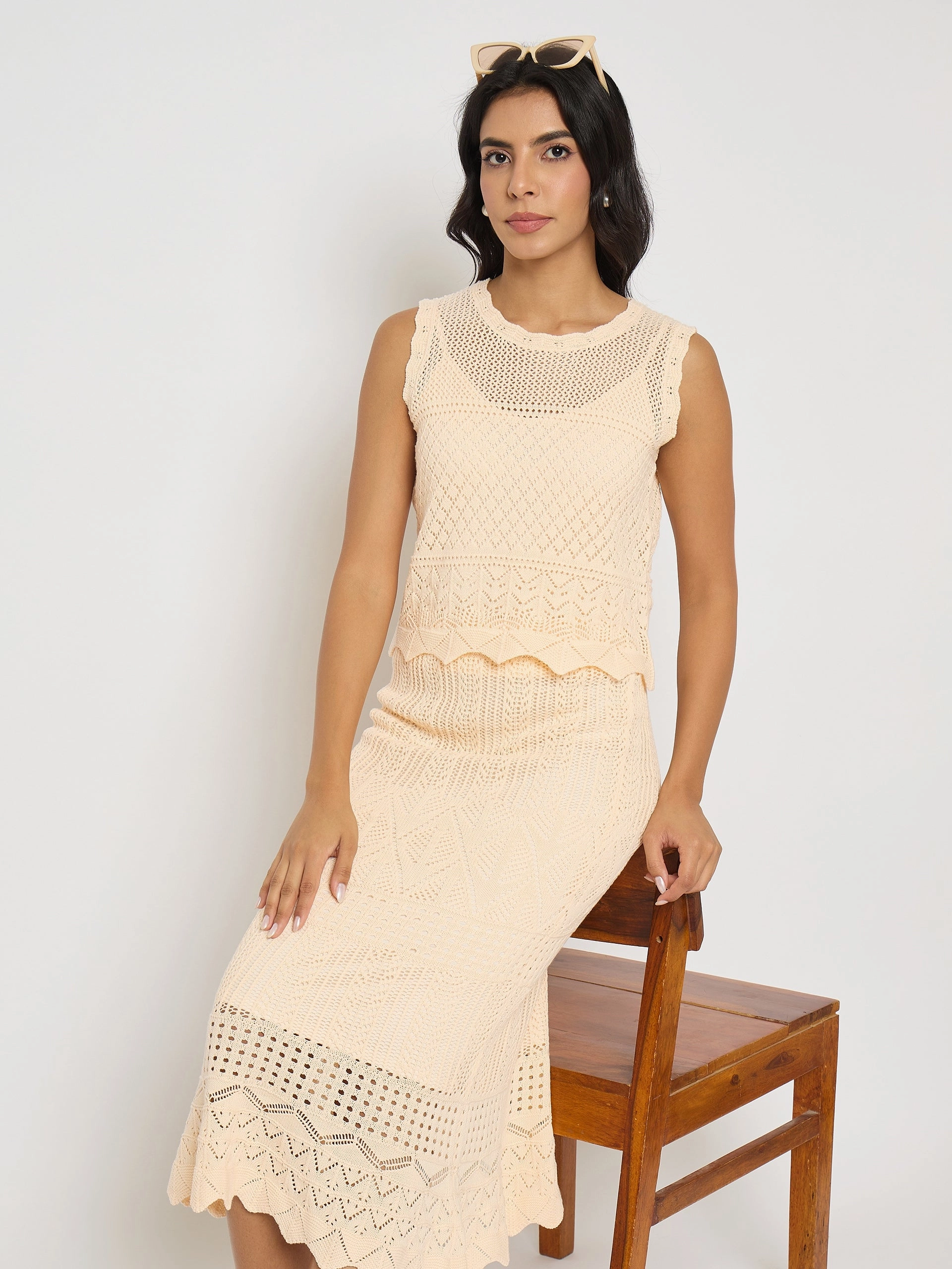 Madame Shanaya Kapoor Semi Sheer Top and Skirt Peach Cotton Co-ord Set Halter-Neck