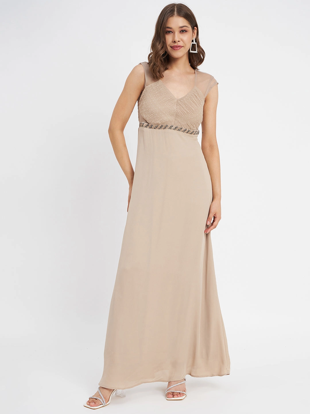 Elegance Glow Madame Beige Embellished Fit-Flare Dress