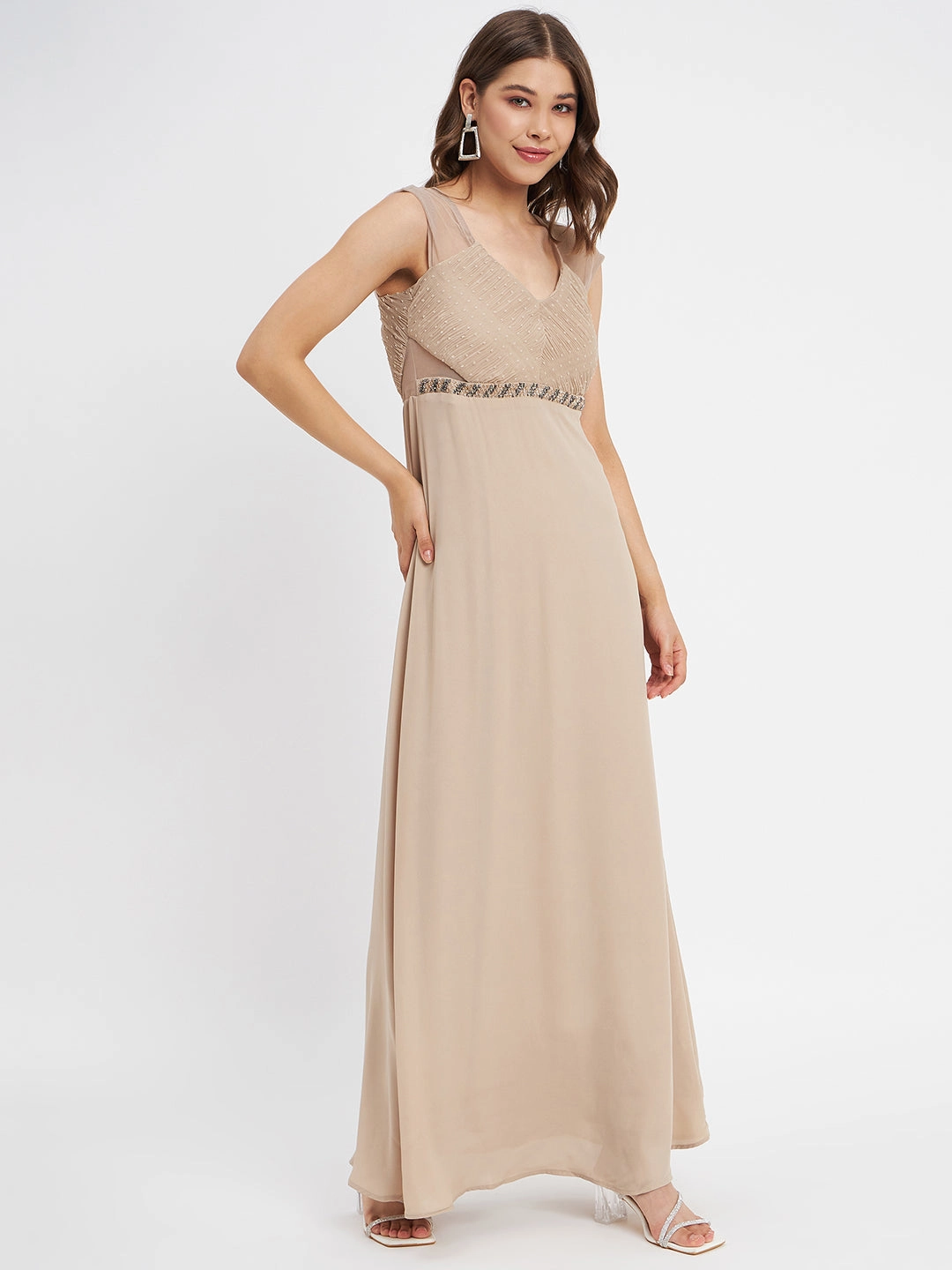 Madame Beige Embellished Fit-Flare Dress Fit For All