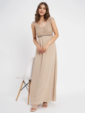 Gentle Glow Textured Surface Madame Beige Embellished Fit-Flare Dress