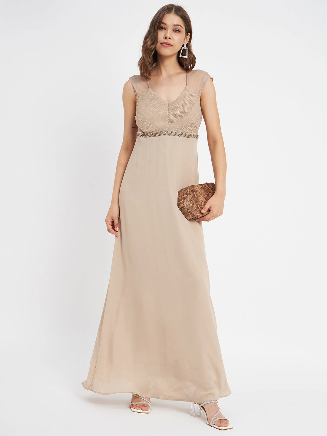 Madame Beige Embellished Fit-Flare Dress All-season Cozy Drape