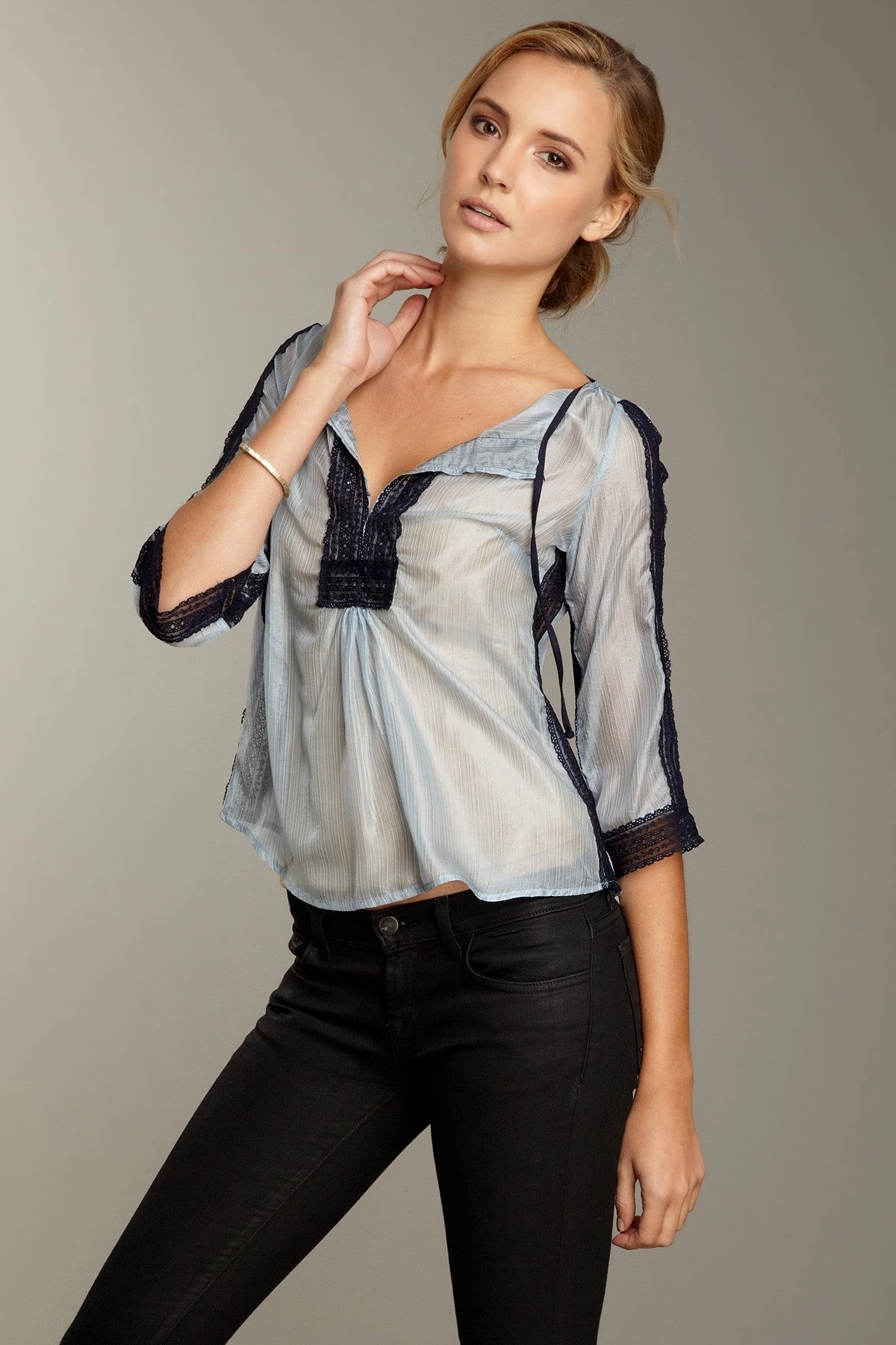 Petite Fit Lacy Cotton/Silk Tunic - Blue Lurex Stripe Formal Tank