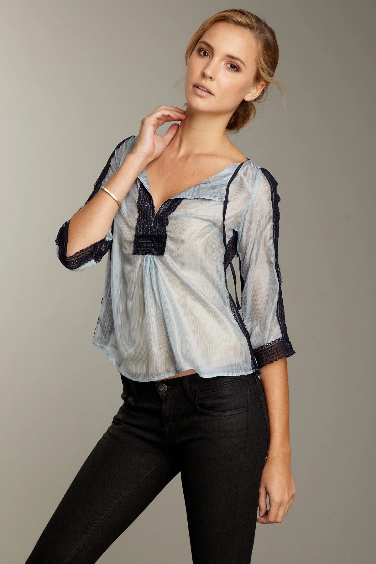 Petite Fit Lacy Cotton/Silk Tunic - Blue Lurex Stripe WrinkleResistant Fabric Long Sleeve Shirt