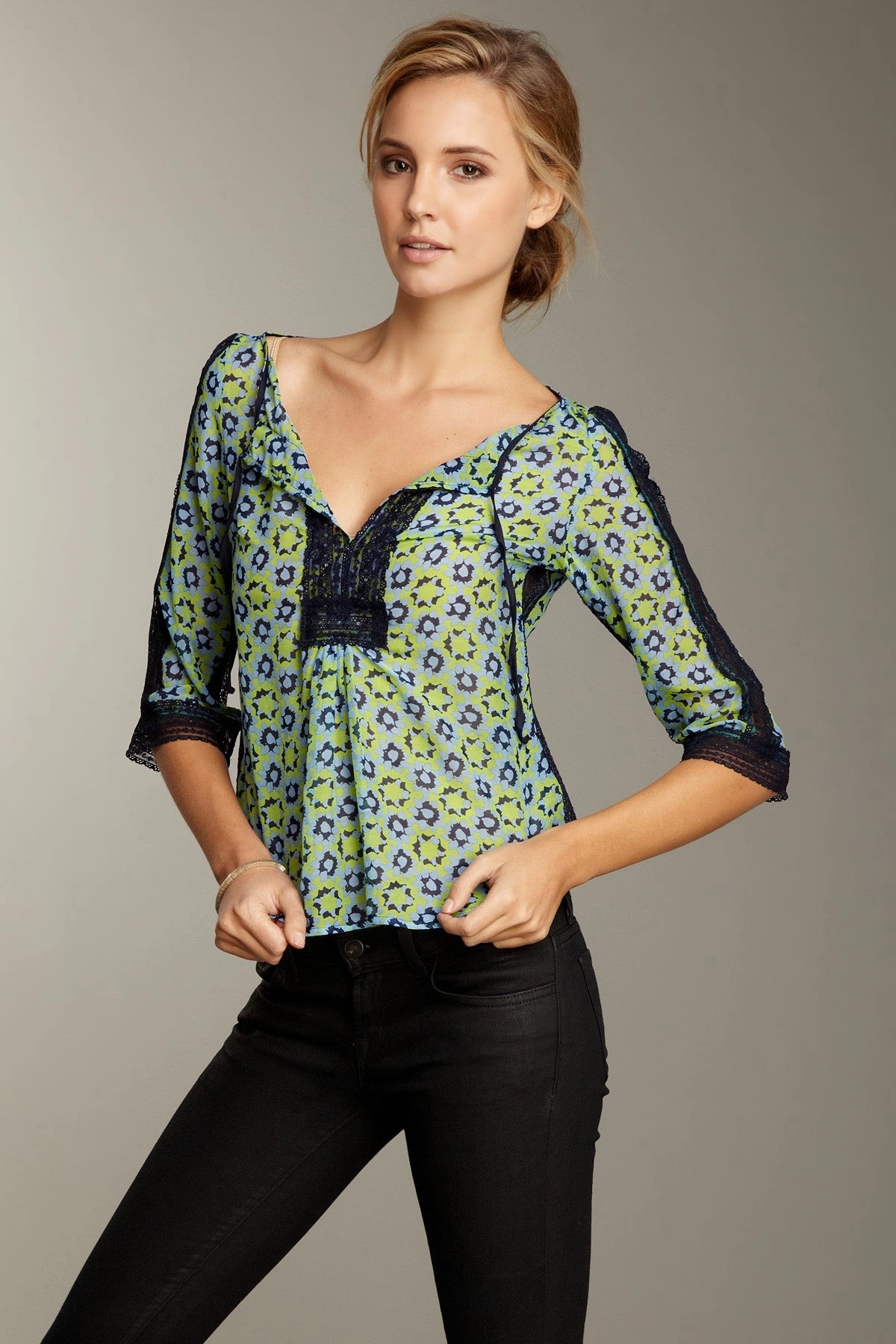 Petite Fit Lacy Cotton/Silk Tunic - Green Navy Geometric Snag Free Fabric