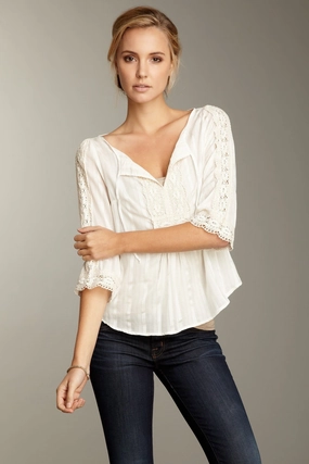Petite Fit Lacy Cotton/Silk Tunic - Ivory Stripe ButtonFront