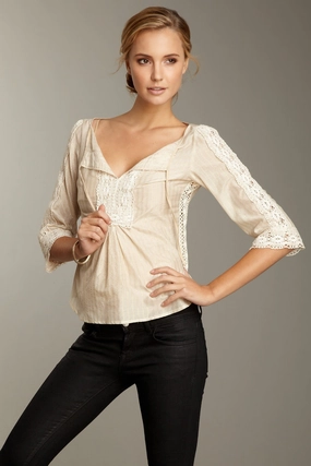 Petite Fit Lacy Cotton/Silk Tunic - Khaki Gold Stripe Mesh Panel Details