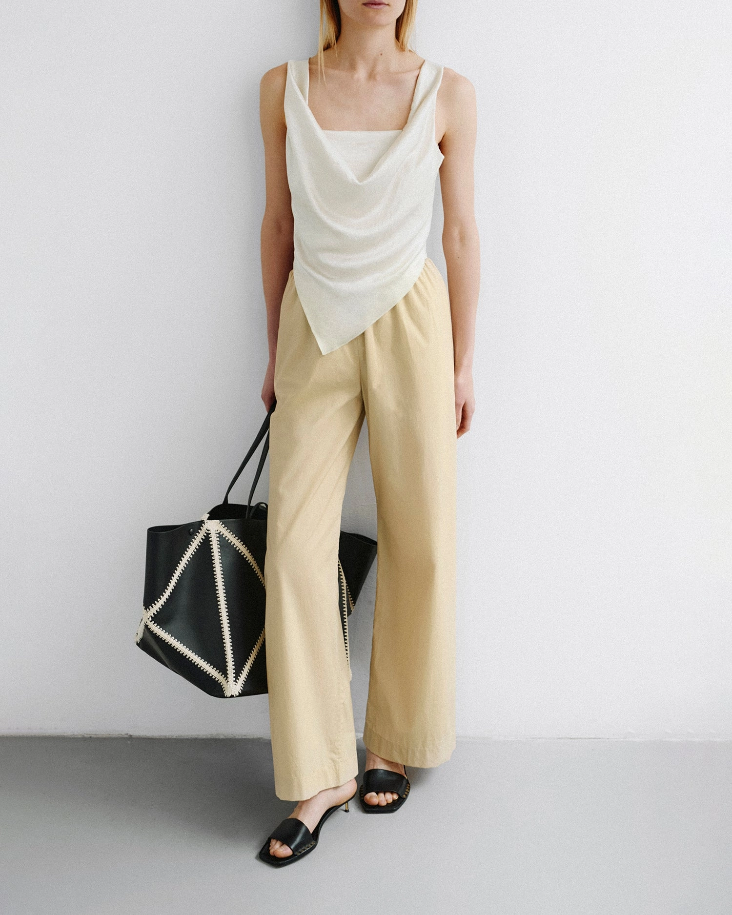 Simple Pullover ribbed texture Petra - Sleeveless Draped Slip Satin Top - Ecru