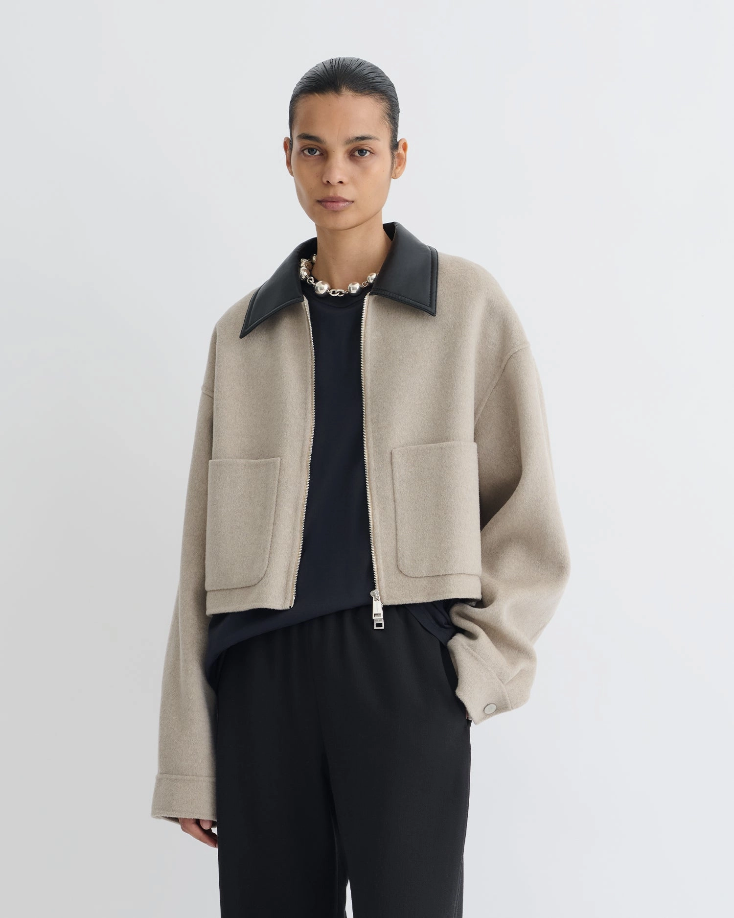 Phebe - Cropped Double Wool Jacket - Stone/Black Business casual