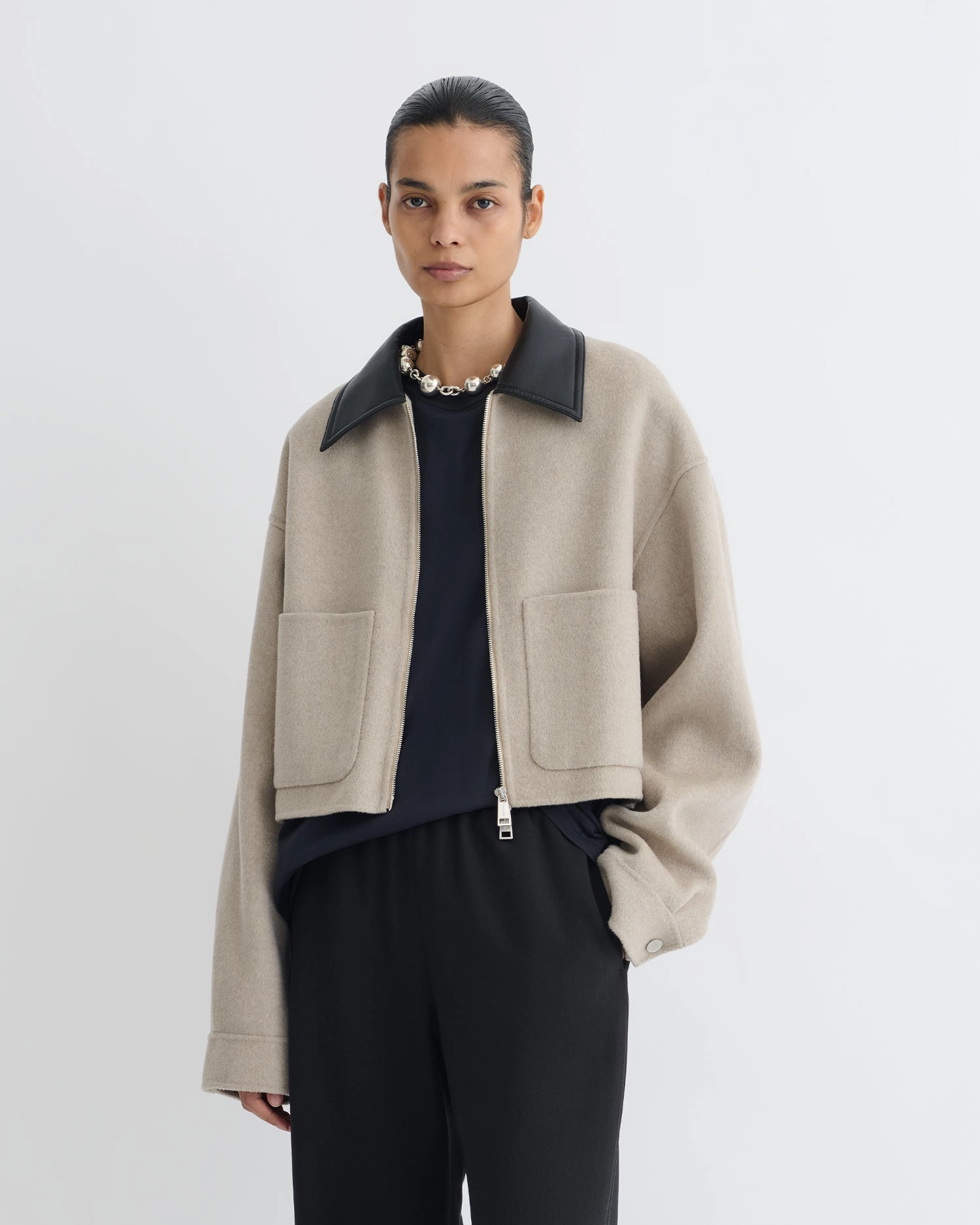 Compact GlowInTheDark Accents Phebe - Cropped Double Wool Jacket - Stone/Black