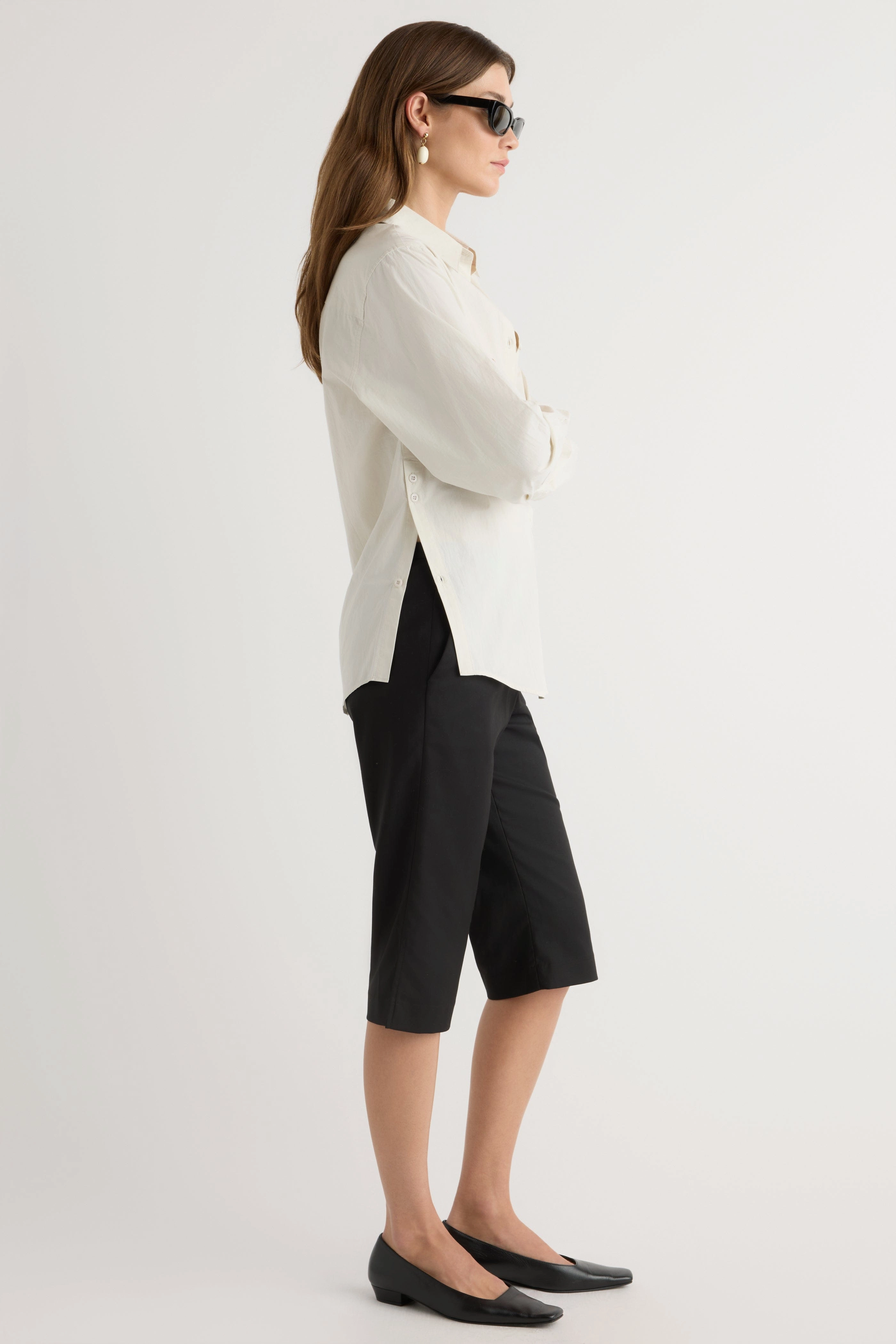 Resilient Fabric Blend AllDayComfort Phoebe Side-Button Tulip-Hem Shirt
