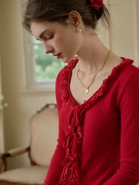 Multipanel Construction PreShrunk Material Phoebe U-neck Bow Lace Patchwork Knitted Cardigan