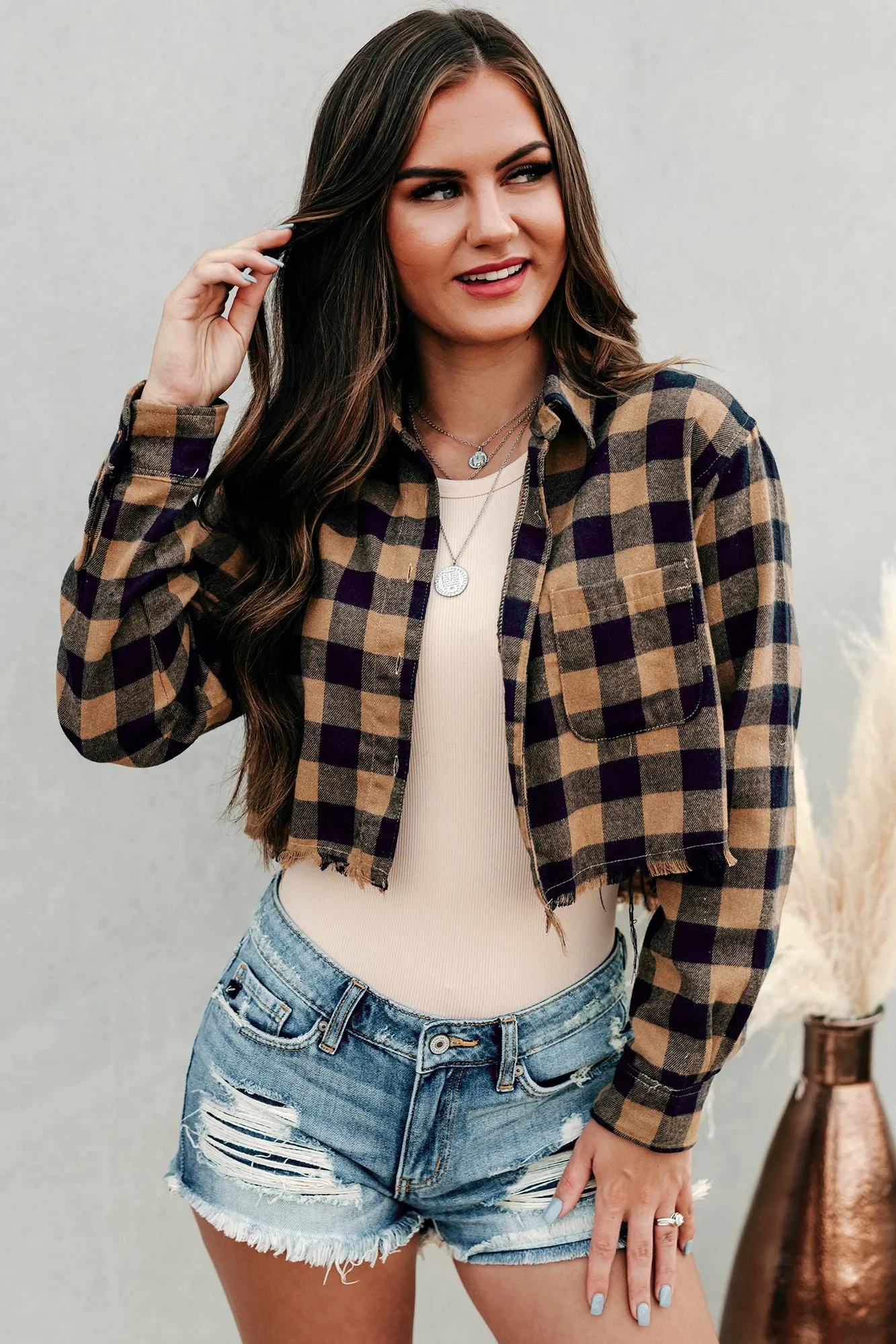 Pierce Cropped Checkered Flannel Top (Camel)