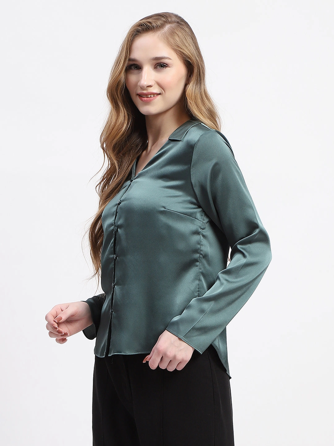 Conference Appropriate Perfect Look Madame Satin Bell Sleeve Collared Solid Jade Green Top