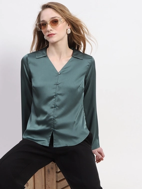 Madame Satin Bell Sleeve Collared Solid Jade Green Top Smart Casual Wear UV Protective Fabric