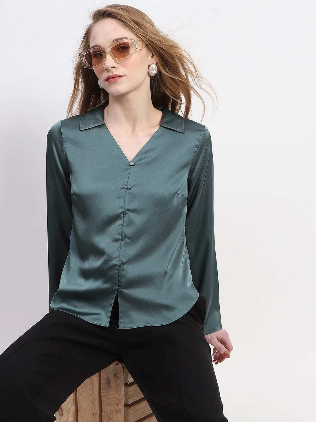 Madame Satin Bell Sleeve Collared Solid Jade Green Top Smart Casual Wear UV Protective Fabric