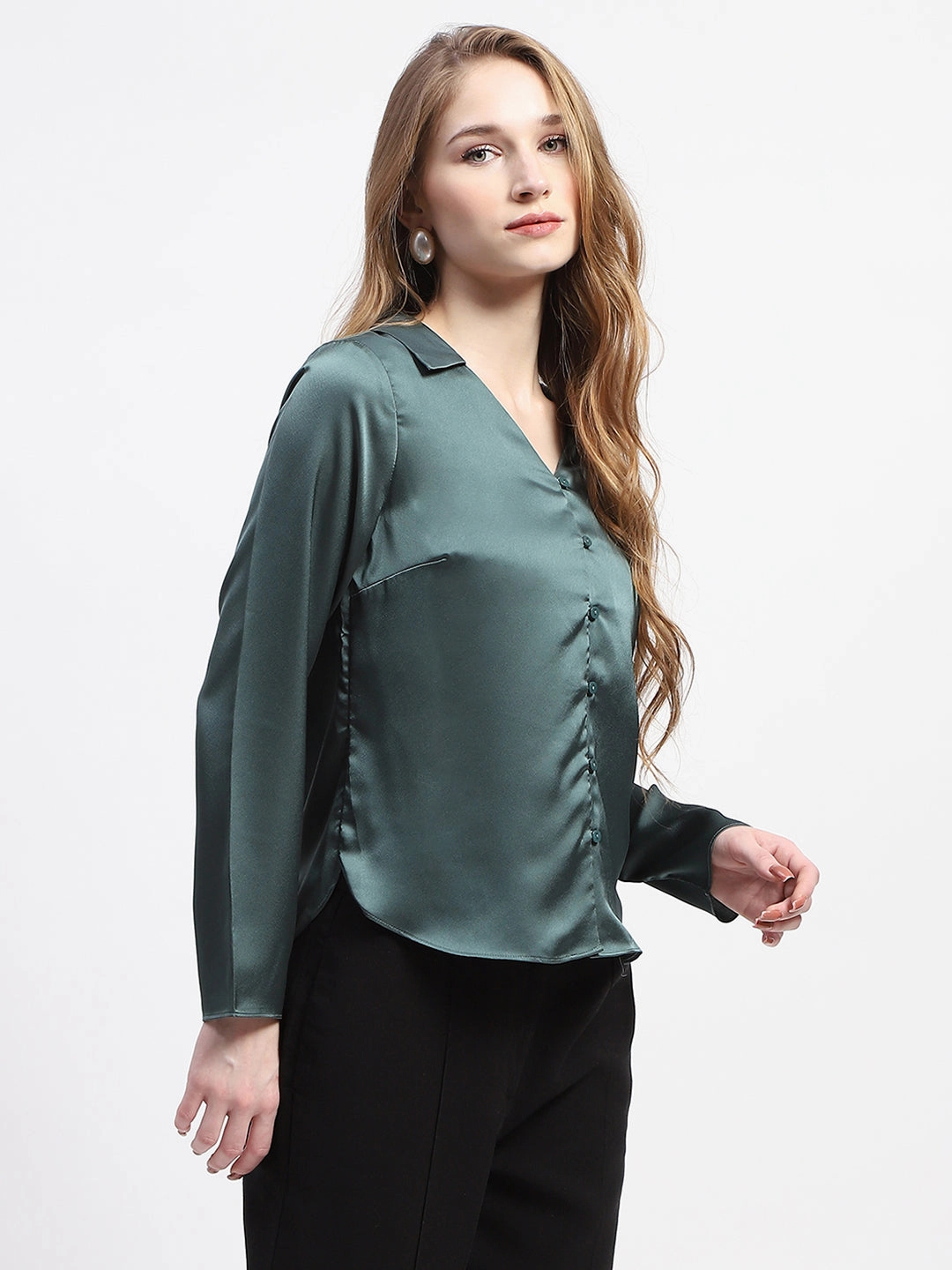 Edgy style Sustainable Material Madame Satin Bell Sleeve Collared Solid Jade Green Top