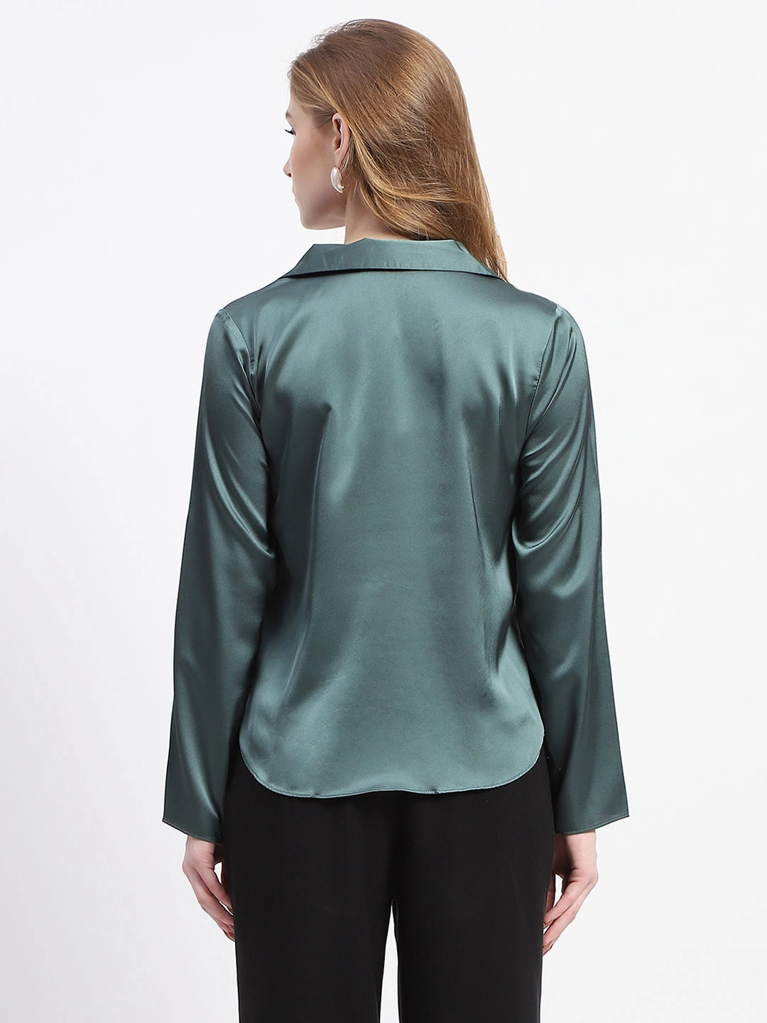 Madame Satin Bell Sleeve Collared Solid Jade Green Top Errand Ready Smart Casual Wear
