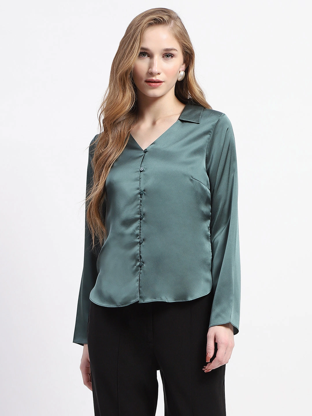Madame Satin Bell Sleeve Collared Solid Jade Green Top Minimalist Fit High-Quality Material