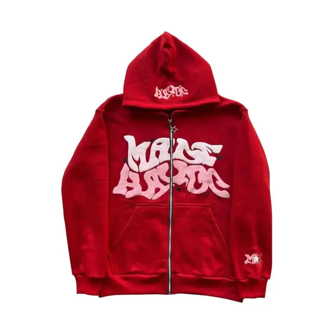 Pink Zip-Up Y2K Hoodies Classic Loose Fit, Casual Streetwear