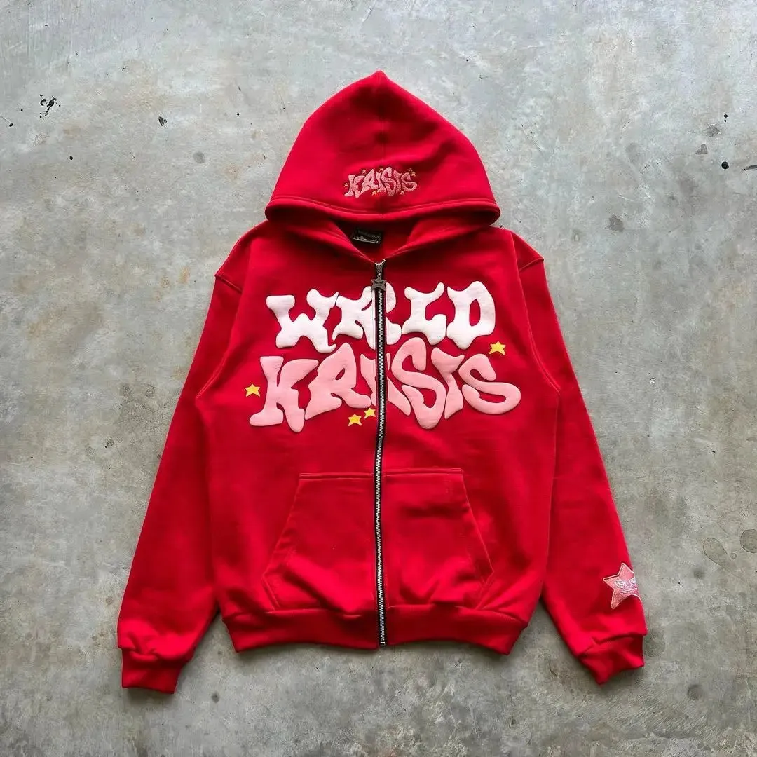 Pink Zip-Up Y2K Hoodies Classic Loose Fit, Casual Streetwear