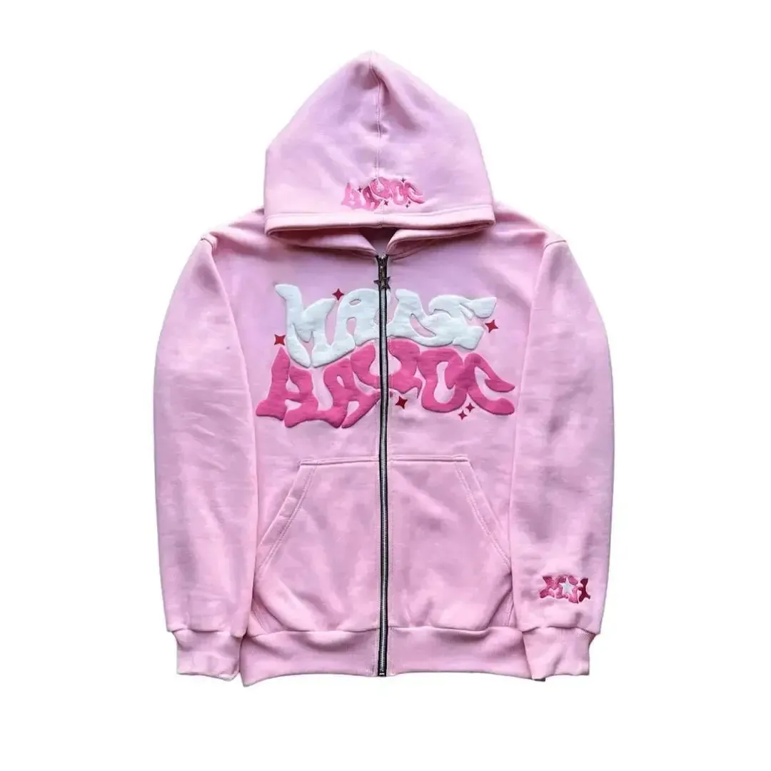Pink Zip-Up Y2K Hoodies Classic Loose Fit, Casual Streetwear
