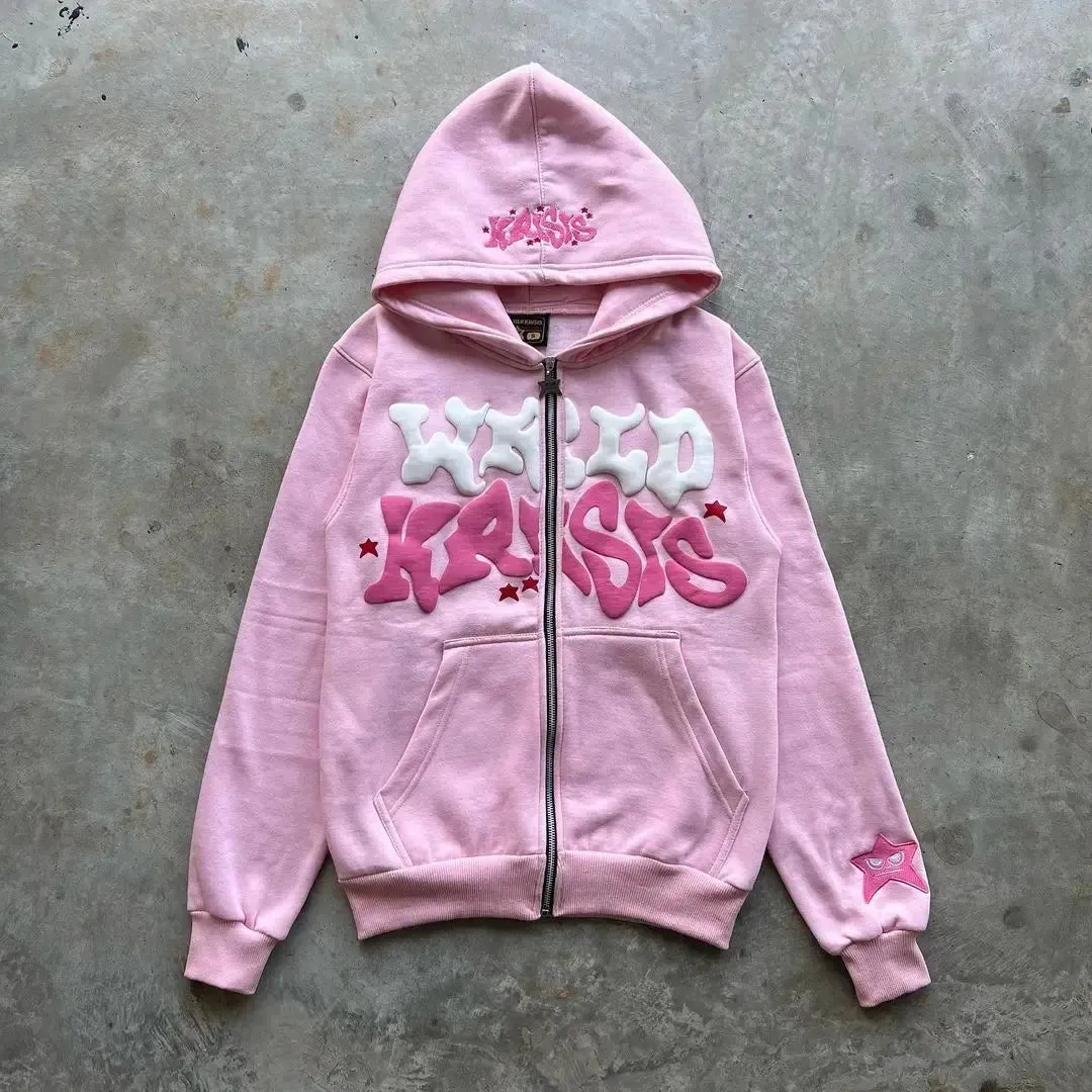 Pink Zip-Up Y2K Hoodies Classic Loose Fit, Casual Streetwear