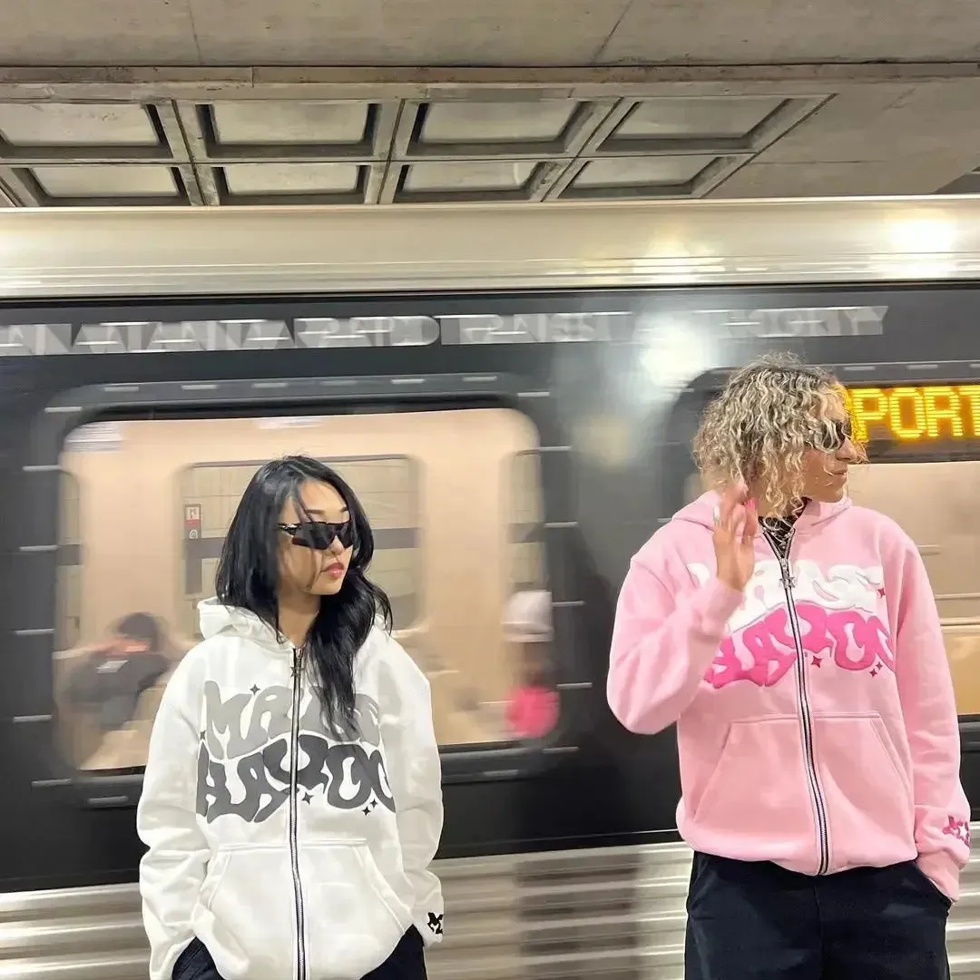 Pink Zip-Up Y2K Hoodies Classic Loose Fit, Casual Streetwear