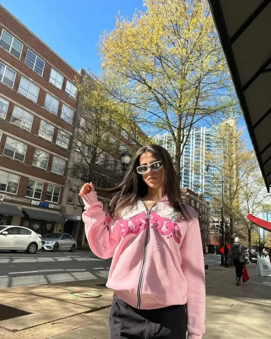 Pink Zip-Up Y2K Hoodies Classic Loose Fit, Casual Streetwear