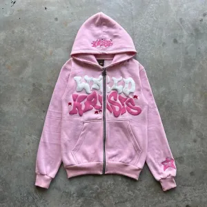 Pink Zip-Up Y2K Hoodies Classic Loose Fit, Casual Streetwear
