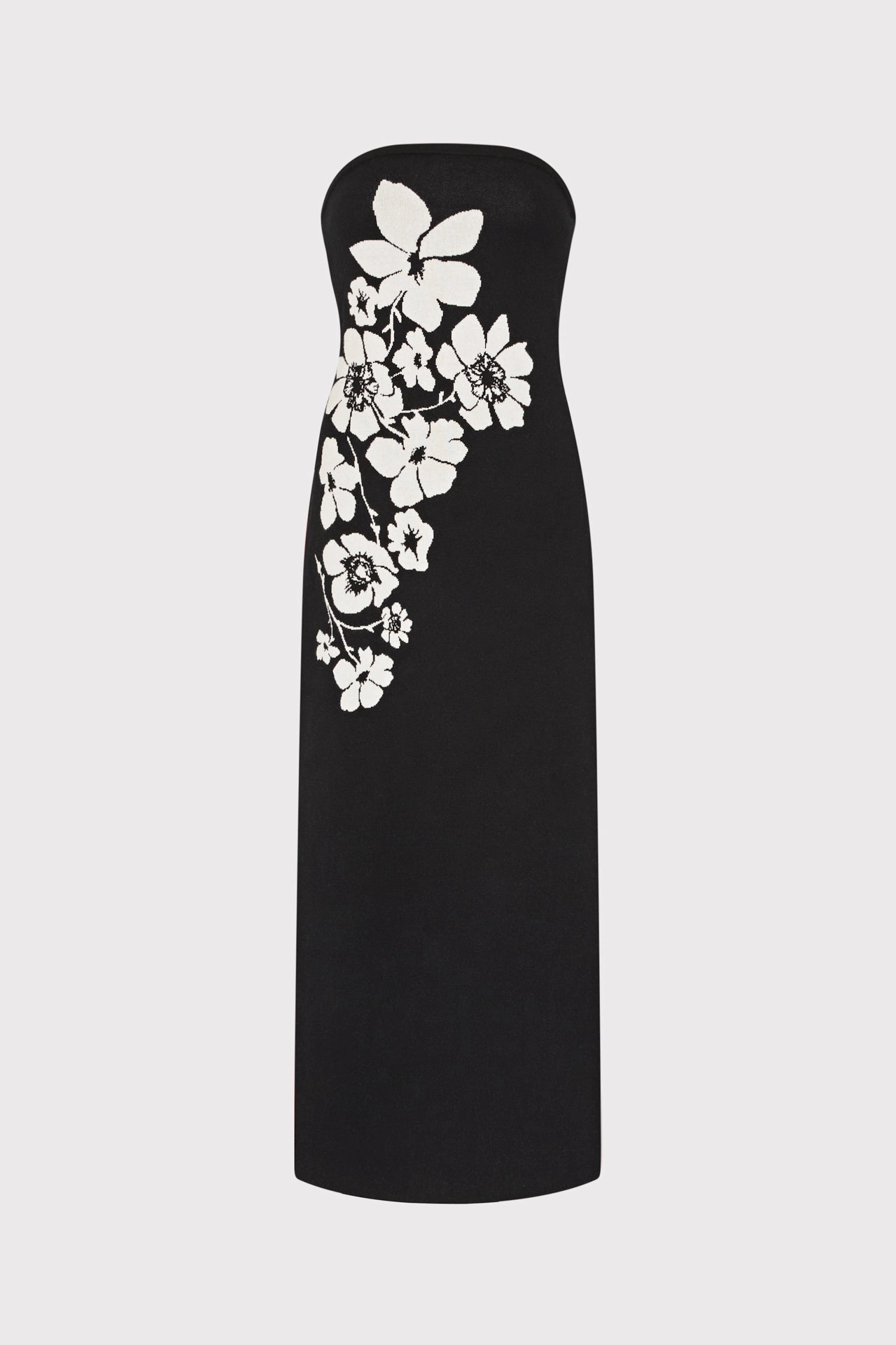 Stretch Ribbing Placed Floral Strapless Knit Midi Dress