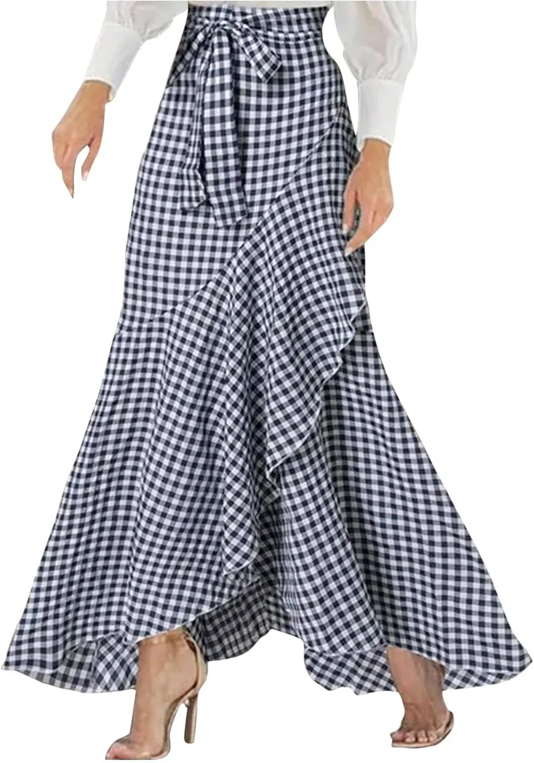 Plaid Mermaid Maxi Skirt for Women Asymmetrical Tied High Waist Ruffle Hem Skirts Casual Fashion Vintage Swing Skirt