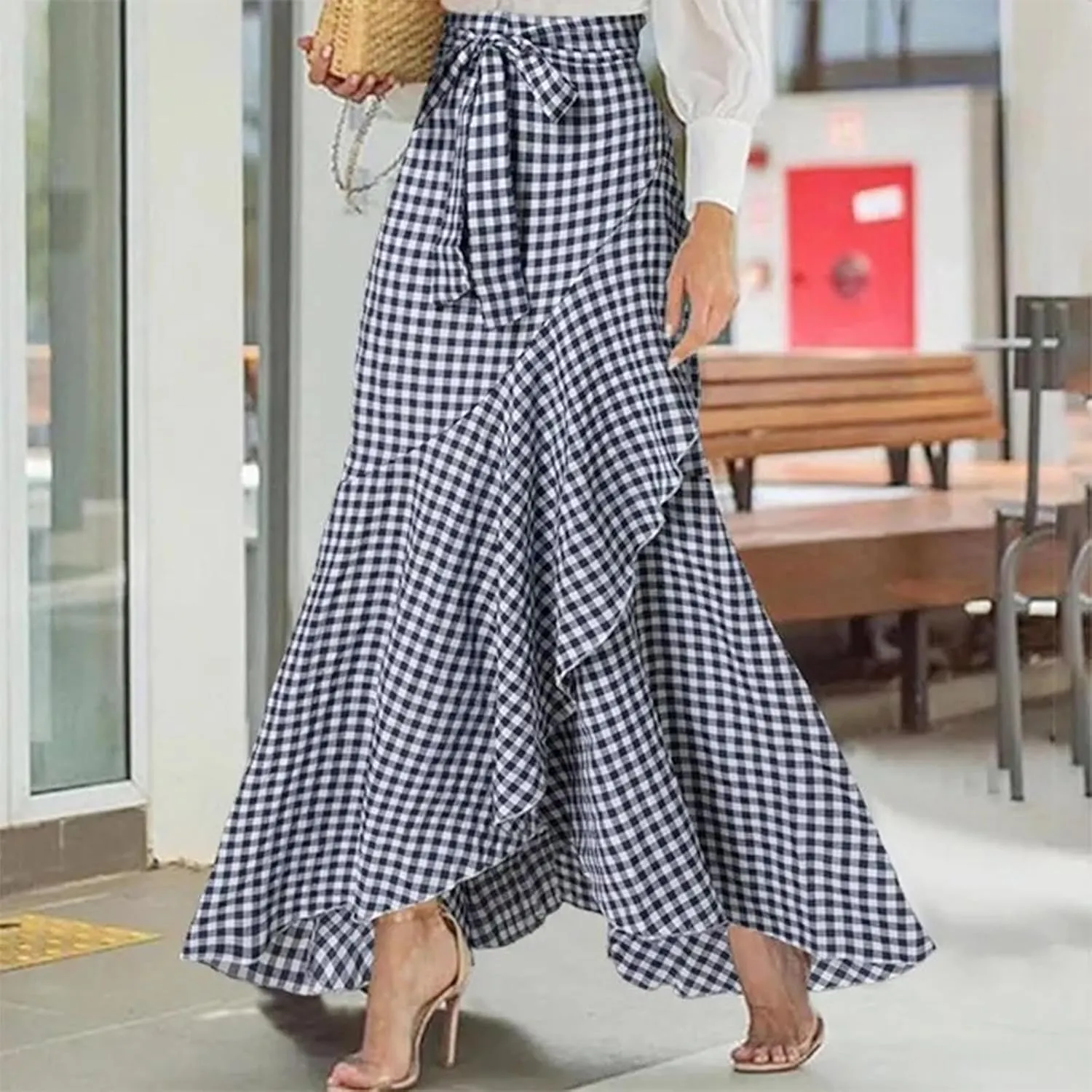Plaid Mermaid Maxi Skirt for Women Asymmetrical Tied High Waist Ruffle Hem Skirts Casual Fashion Vintage Swing Skirt