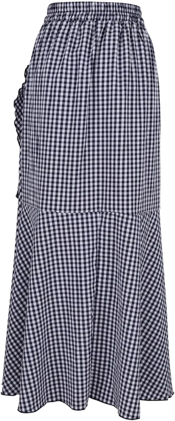 Plaid Mermaid Maxi Skirt for Women Asymmetrical Tied High Waist Ruffle Hem Skirts Casual Fashion Vintage Swing Skirt