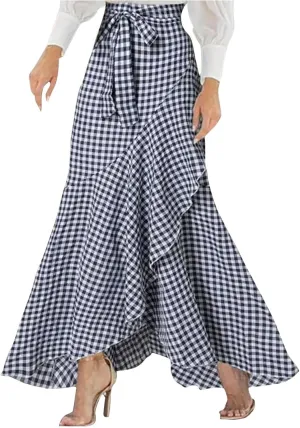 Plaid Mermaid Maxi Skirt for Women Asymmetrical Tied High Waist Ruffle Hem Skirts Casual Fashion Vintage Swing Skirt