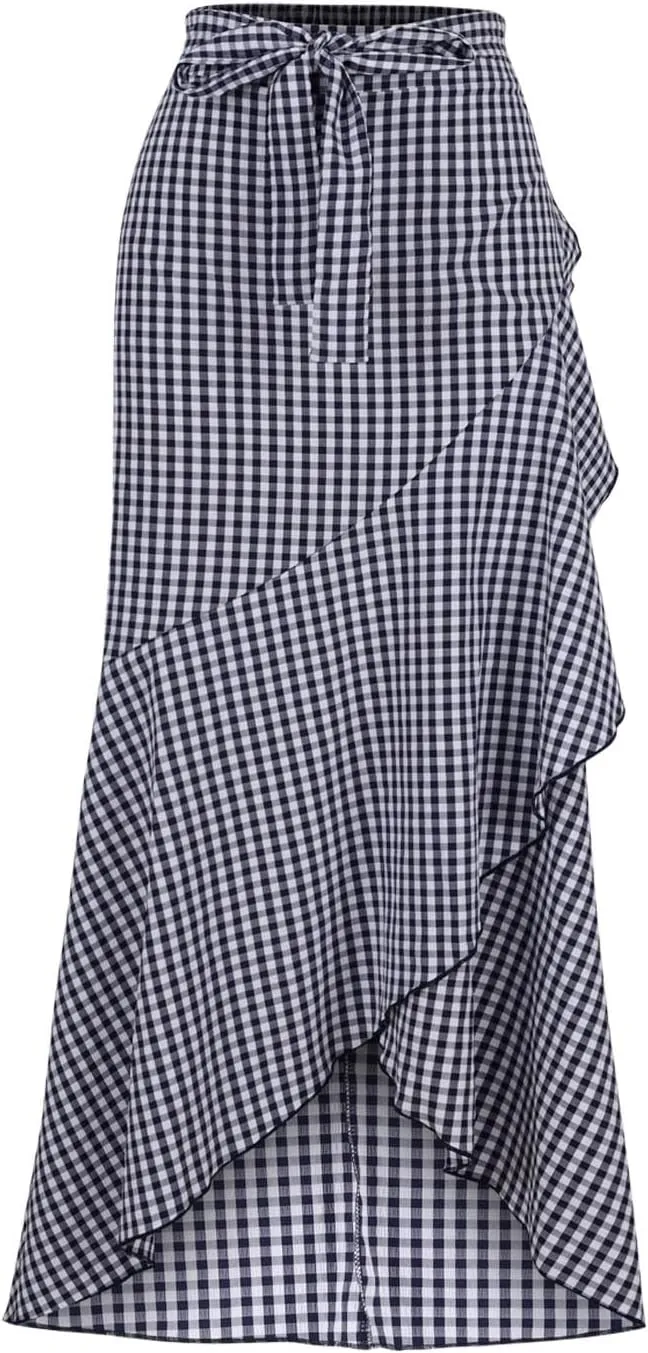 Plaid Mermaid Maxi Skirt for Women Asymmetrical Tied High Waist Ruffle Hem Skirts Casual Fashion Vintage Swing Skirt