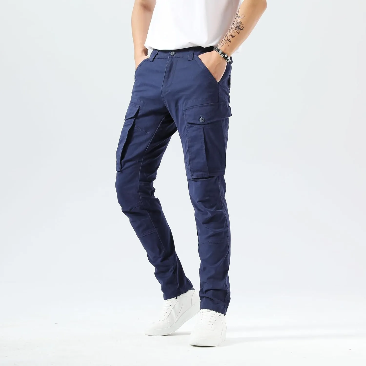Plaid&Plain Men's Cargo Pants Slim Fit with Articulated Knees