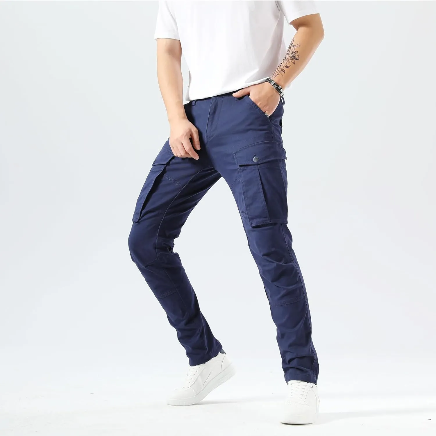 Plaid&Plain Men's Cargo Pants Slim Fit with Articulated Knees