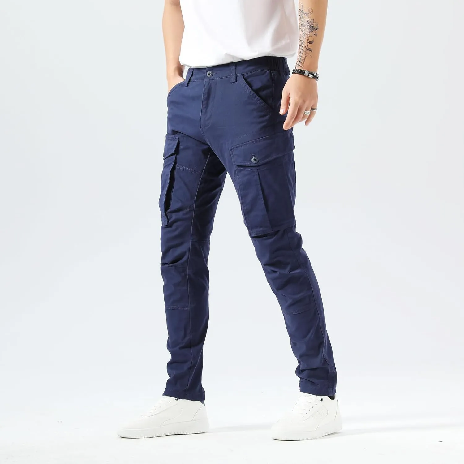 Plaid&Plain Men's Cargo Pants Slim Fit with Articulated Knees