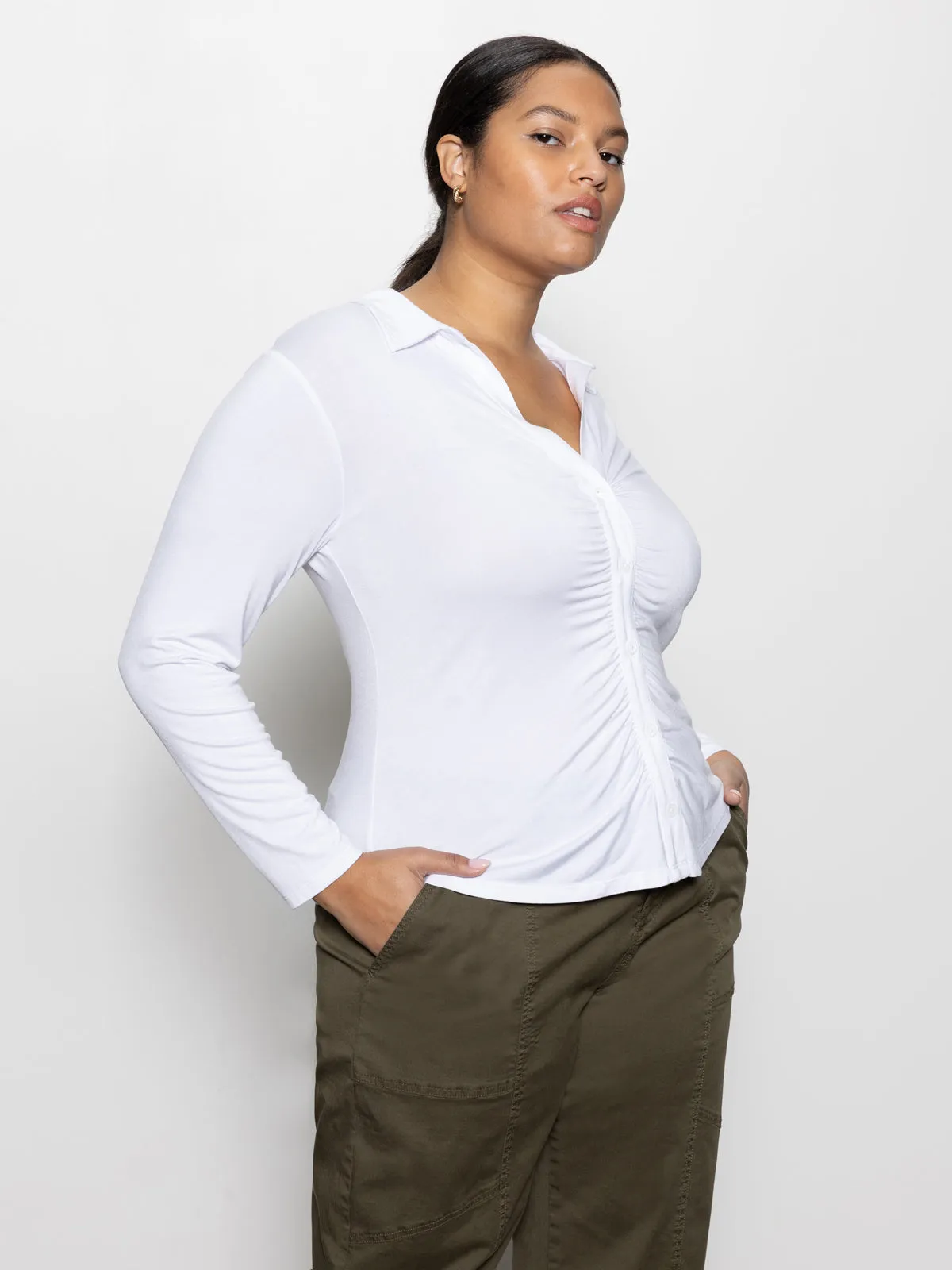 Relaxed Vibe Dreamgirl Button Up Top White Extended Sizing
