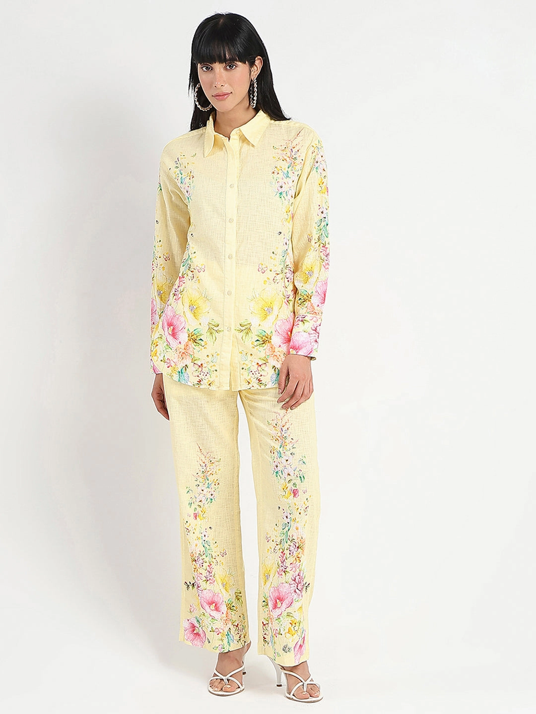 Shirred-Detail Madame Printed Shirt and Trousers Yellow Cotton Co-ord Set