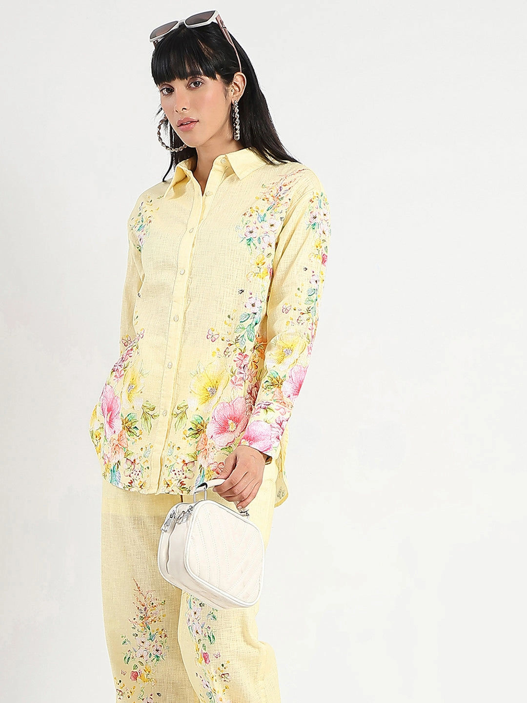 Fluid Shape Ruched-Detail Madame Printed Shirt and Trousers Yellow Cotton Co-ord Set