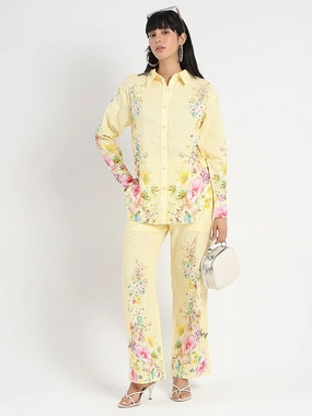 Calm Texture Seasonal piece Madame Printed Shirt and Trousers Yellow Cotton Co-ord Set
