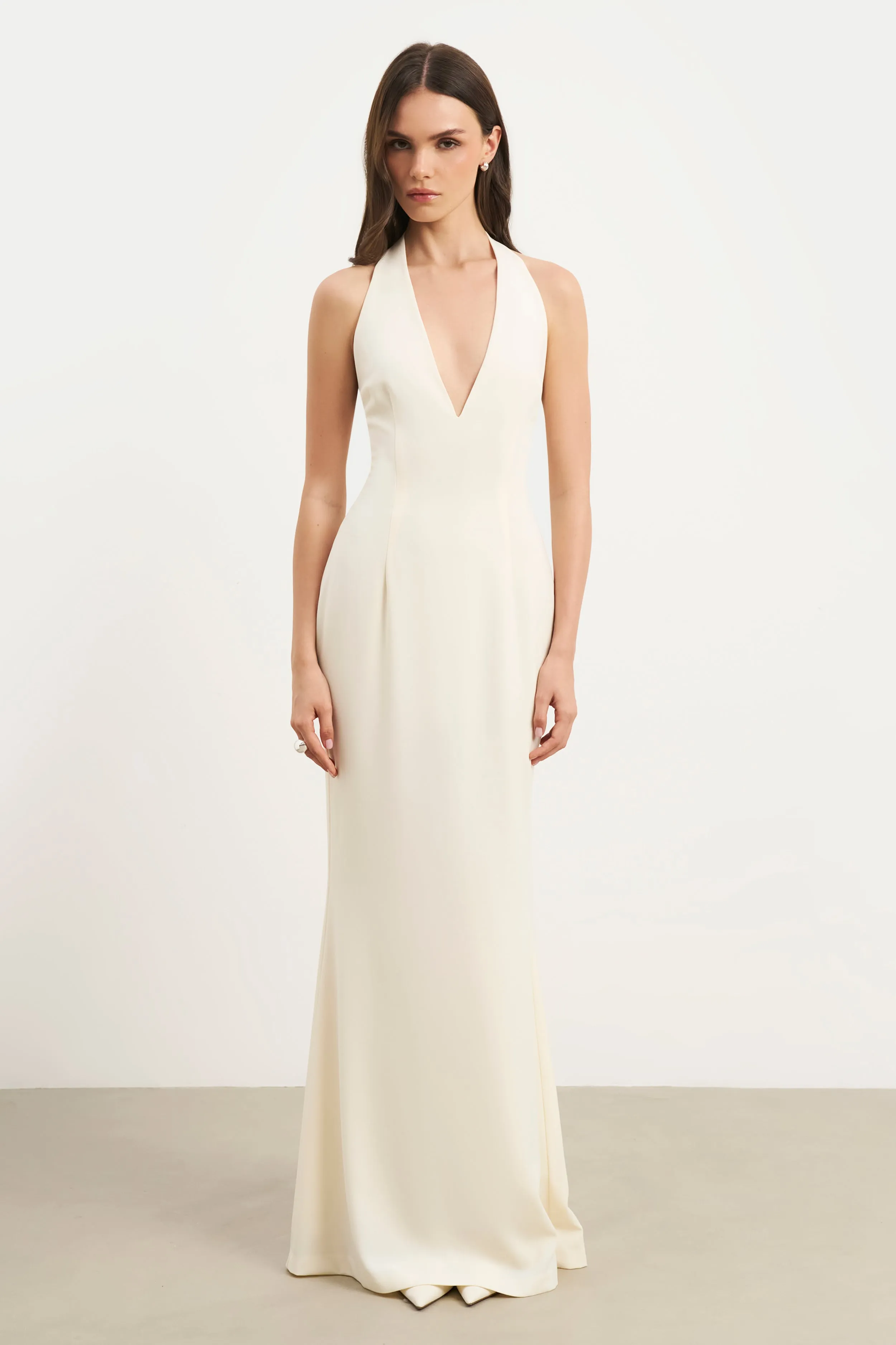 Easy Draping Plunging V Neck Halter Gown - Cream