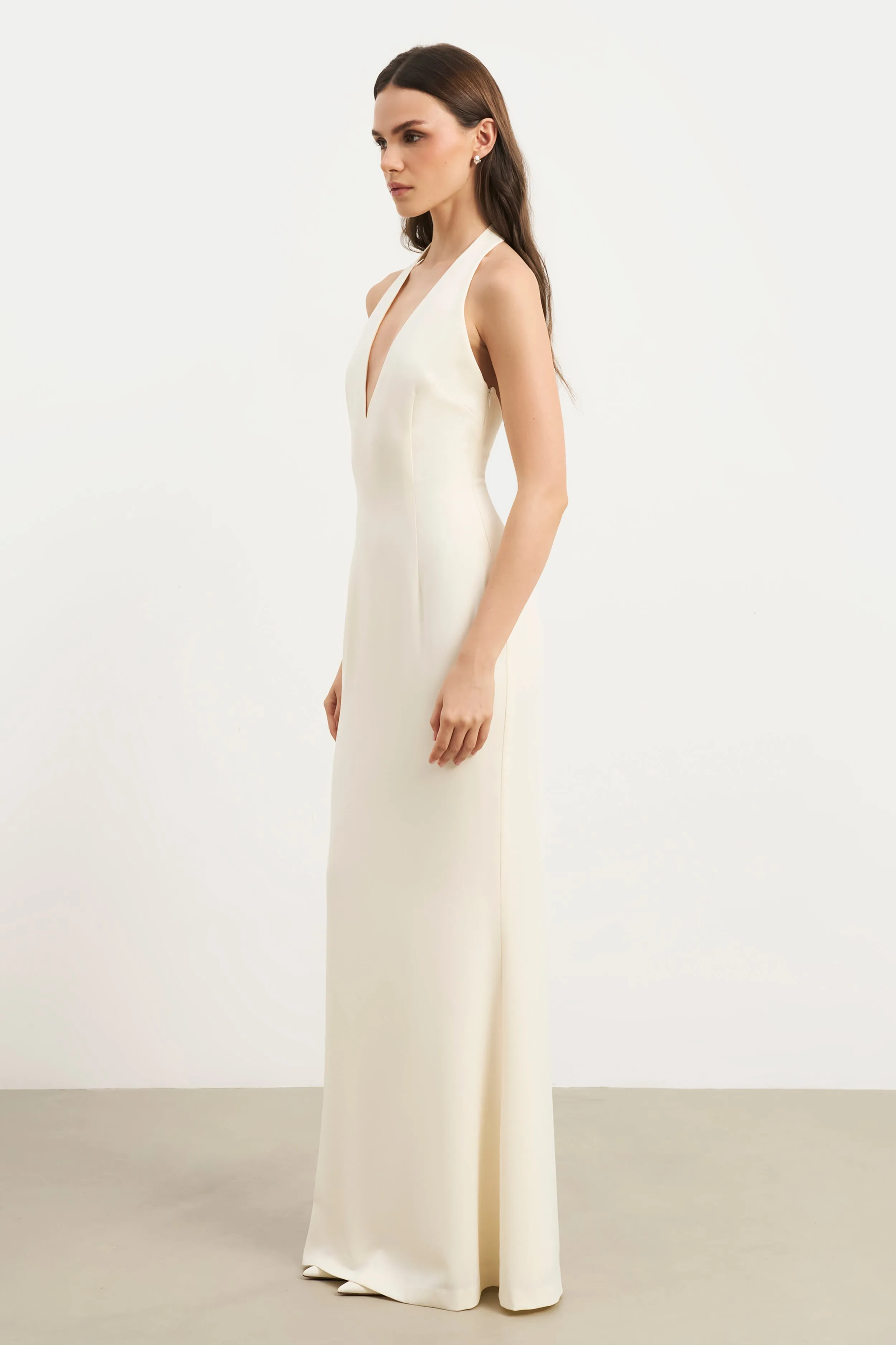 Plunging V Neck Halter Gown - Cream Fold-Over-Detail