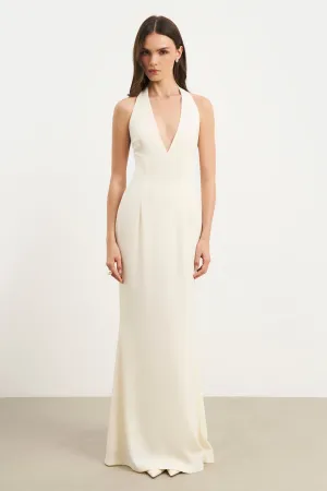 Easy Draping Plunging V Neck Halter Gown - Cream