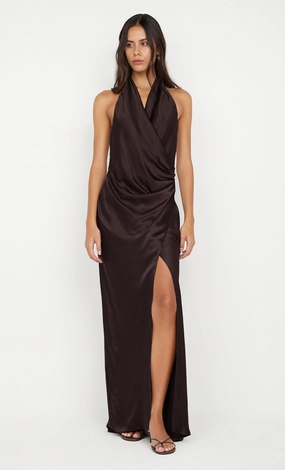 Perfectly Styled Pure Fabric ELISIA WRAP MAXI DRESS - DARK CHOCOLATE