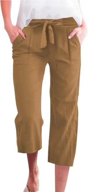 Plus Size Capris for Women Knot Tie High Waisted Linen Capri Pants Lightweight Summer Crop Paperbag Pants with Pocket