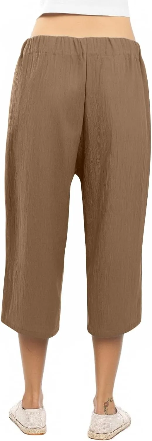 Plus Size Capris for Women Knot Tie High Waisted Linen Capri Pants Lightweight Summer Crop Paperbag Pants with Pocket